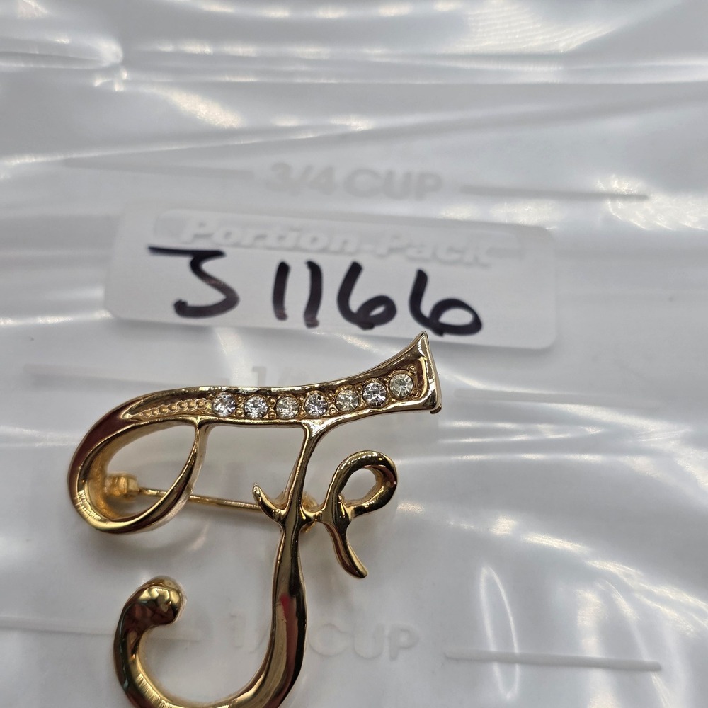 Gold Tone Rhinestone Script Initial Letter F Brooch Cursive Monogram Pin Classy - Picture 7 of 7